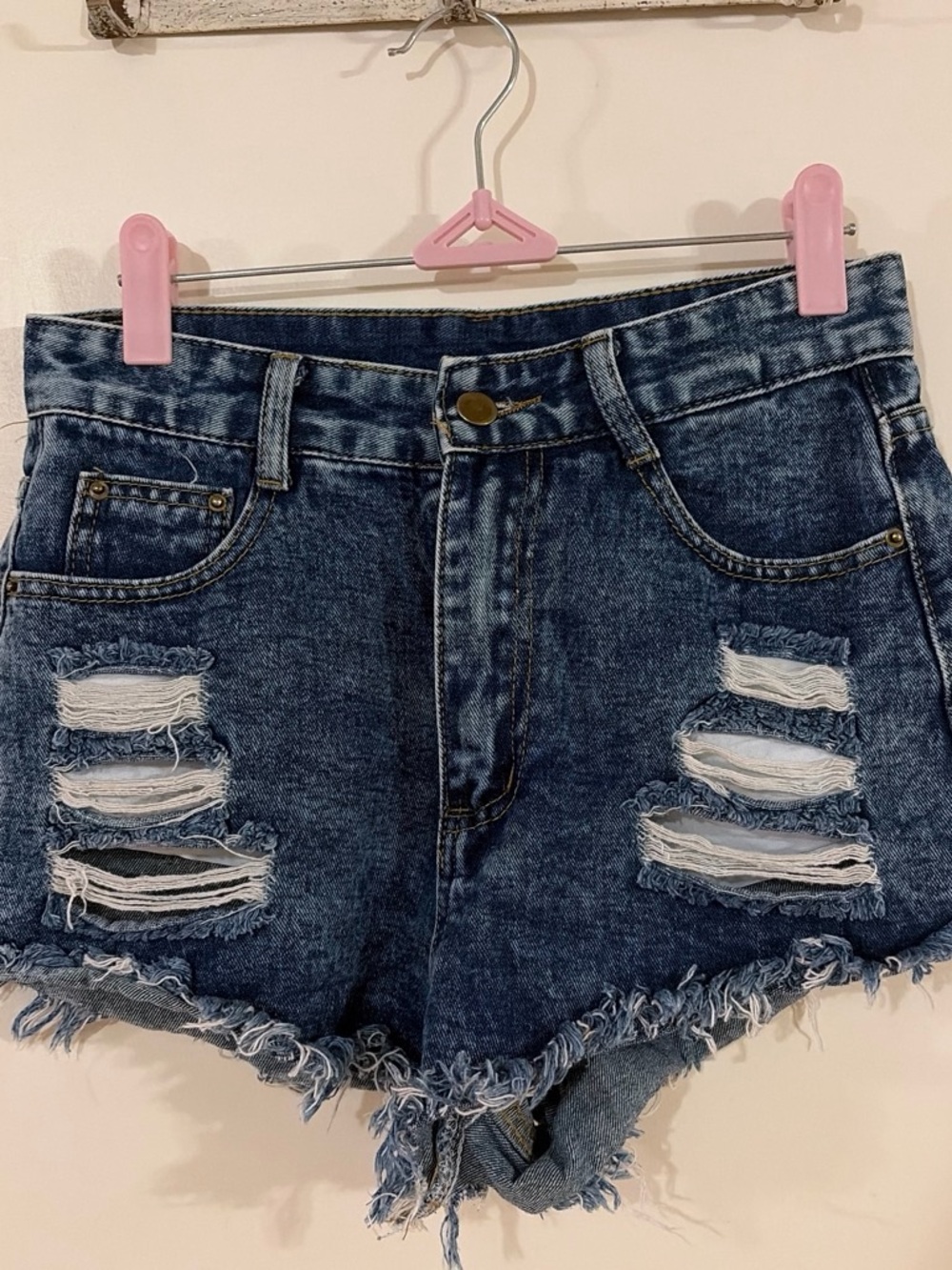 SHEIN Dark Blue Distressed High-Rise Denim Shorts